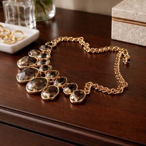Tiered Smokey topaz gemstones Fashion Necklace Gold Tone chain.